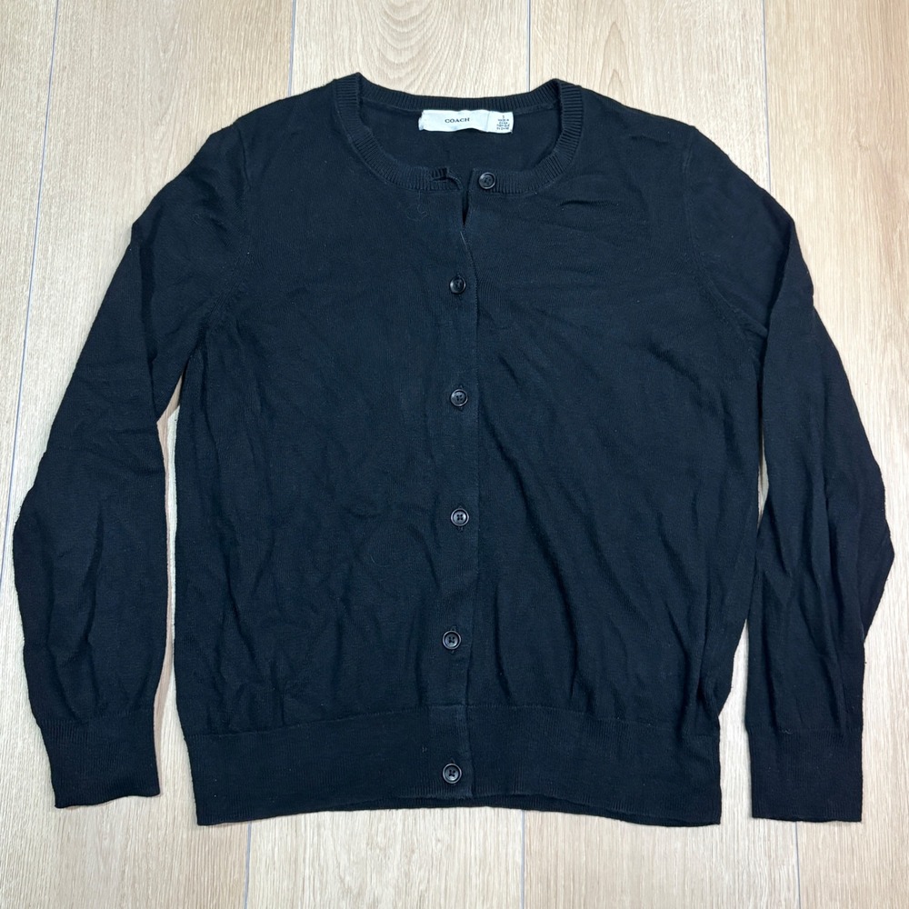 Coach Womens Black Cotton Blend Button Front Crewneck Cardigan Sweater Small
